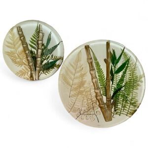 Vintage Bamboo Fern Round Lucite Resin Trivet Set